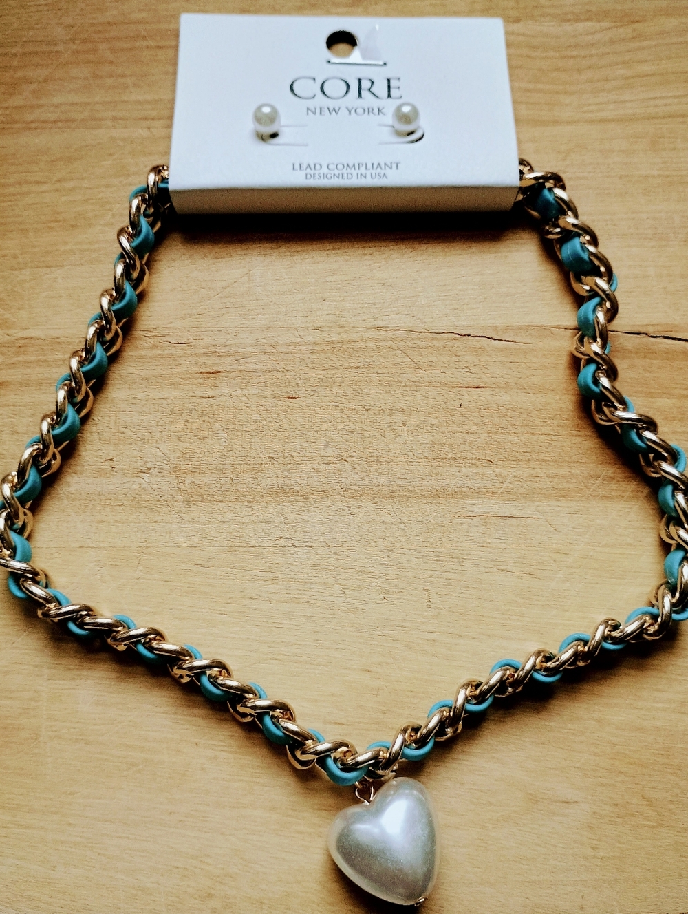 Teal and Gold Heart Pendant Necklace With Faux Pearl Earrings